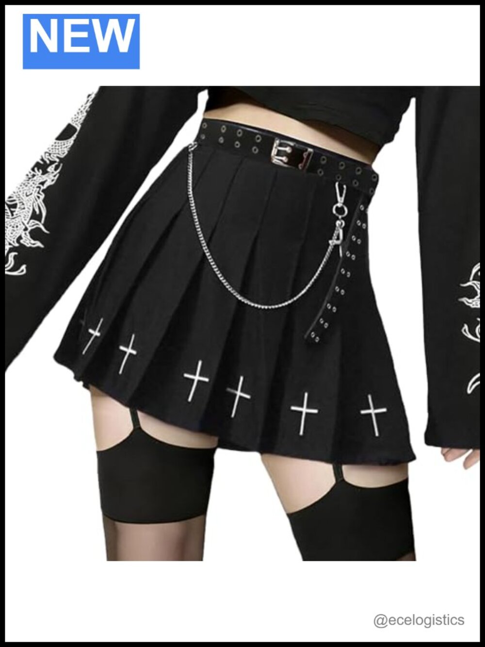 Goth Pleated A-Line Mini Skirt High Waist with Detachable Belt